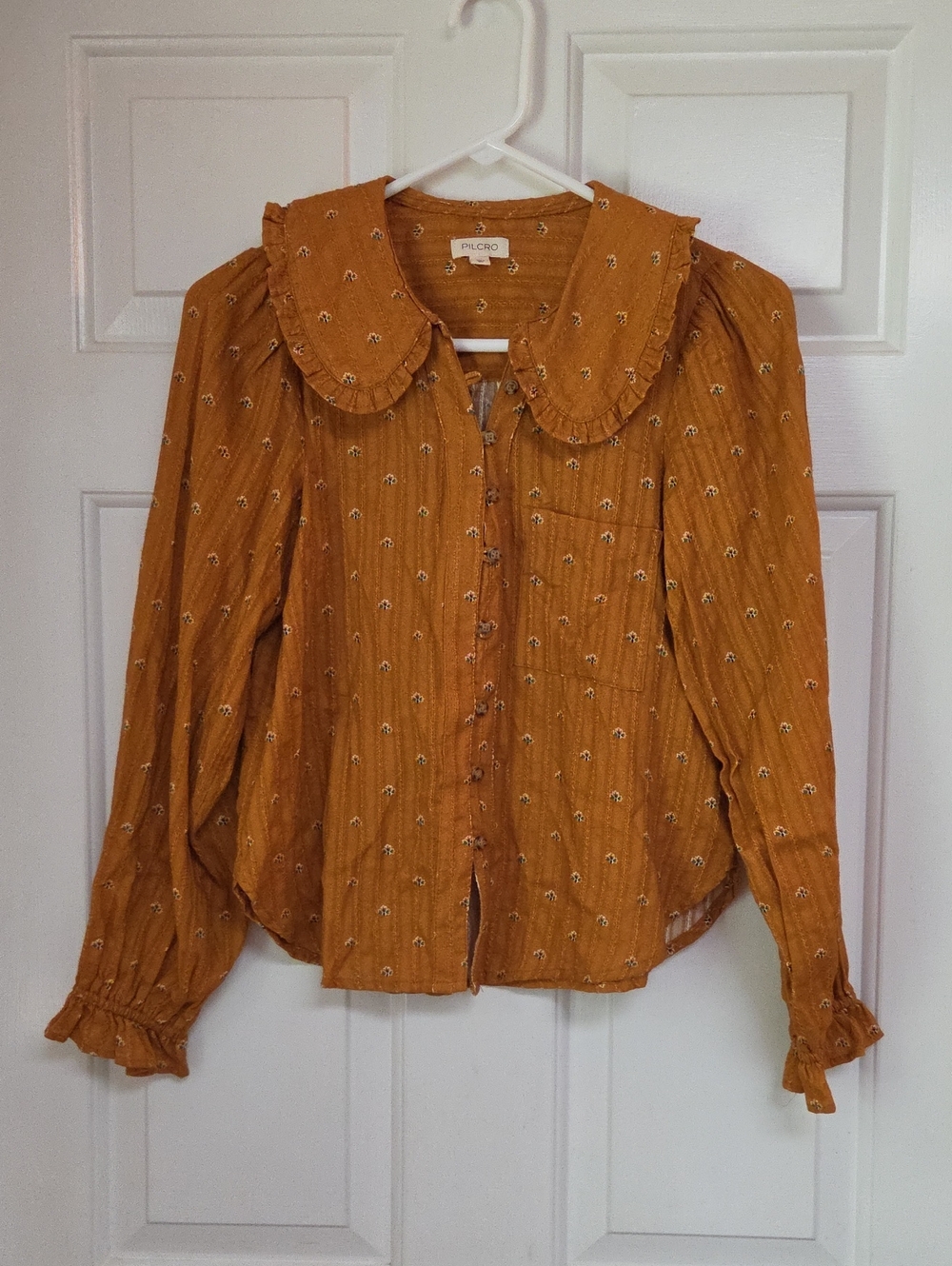 Pilcro Mustard Embroidered Button-Front Blouse with Ruffle Collar Size XXS